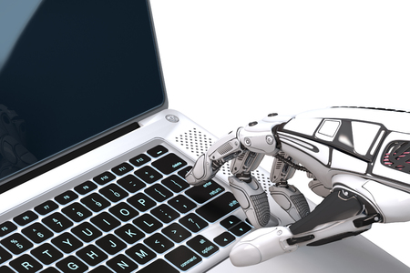 Futuristic robot hand typing and working with laptop keyboard. Mechanical arm with computer. 3d render on gradient backgroundの写真素材