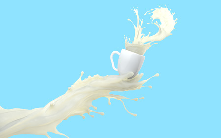 White milk splash mixed jet. Liquid creamy hand giving a cup with splashing waves. 3d rendering digital illustration isolated on blue flat backgroundの写真素材