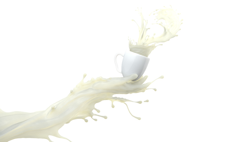 White milk splash mixed jet. Liquid creamy hand giving a cup with splashing waves. 3d rendering digital illustration isolated on white flat backgroundの写真素材