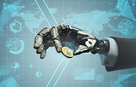Robotic arm taking bitcoin against digital hud background. Artificial intelligence in virtual world. Electronic commerce business design. 3d renderingの写真素材