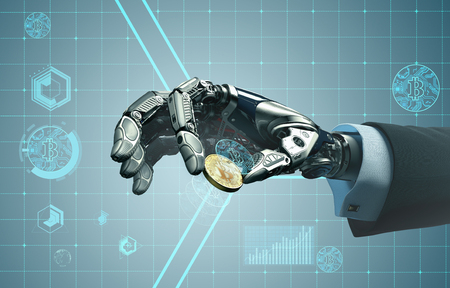Robotic arm taking bitcoin against digital hud background. Artificial intelligence in virtual world. Electronic commerce business design. 3d renderingの写真素材
