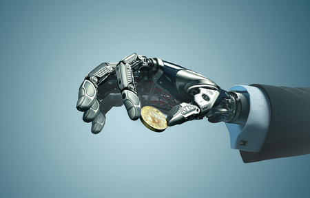 Robotic arm taking bitcoin against digital hud background. Artificial intelligence in virtual world. Electronic commerce business design. 3d renderingの写真素材