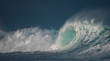 Huge waves crashing in ocean. Seascape environment background. Water texture with foam and splashes. Hawaiian surfing spots with nobodyの写真素材