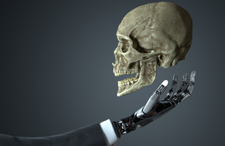 Robotic mechanical arm in business suit and human skull as futuristic AI conceptの写真素材