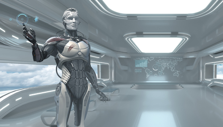 Sci-fi technology. Cyborg working with virtual interface hud in futuristic interrior.の写真素材