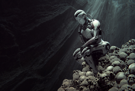 A cyborg in thinker pose sitting on heap of human skulls inside a cave. Light rays from the top. Artificial intelligence conceptual design. 3d illustrationの写真素材