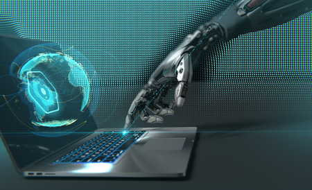 Closeup image of detailed cybernetic arm touching enter key on laptop. Artificial intelligence manipulating objects. 3d illustration
の写真素材