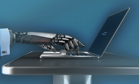 Closeup image of detailed cybernetic arm touching enter key on laptop. Artificial intelligence manipulating objects. 3d illustration
の写真素材