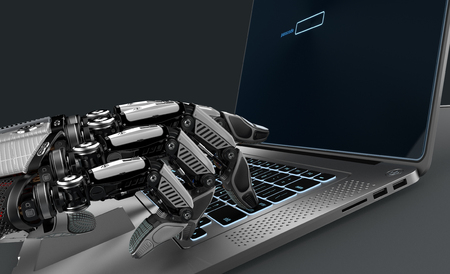 Closeup image of detailed cybernetic arm touching enter key on laptop. Artificial intelligence manipulating objects. 3d illustration
の写真素材