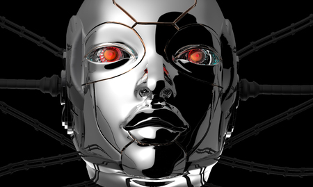 Female bot face closeup portrait on black background, 3d renderの写真素材