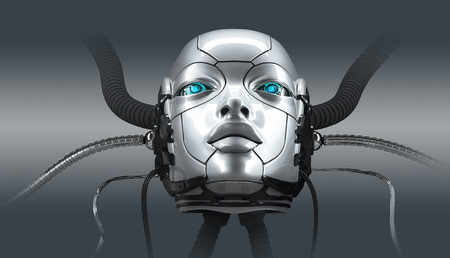 Robot female face closeup portrait, 3d renderの写真素材