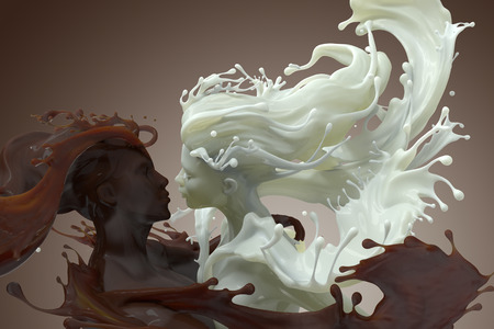 3d render of male and female embracing sculptures of splashing Milk and chocolate coffeeの写真素材