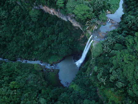 Aerial view of waterfall Chamarel at Mauritius tropical islandの写真素材