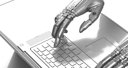 Robot arms typing on notebook keyboard, 3d renderの写真素材