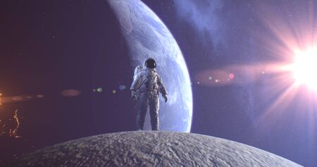 Astronaut Neil Armstrong, spacewalk on the Moon surface watching planet Earth from space.の写真素材