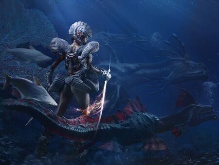 Underwater fantasy girl a dragon queen mixed mediaの写真素材