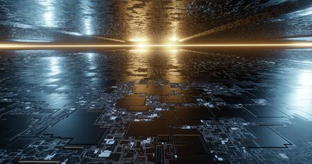 Abstract tech pannels in digital background, starship elements, computer circuit board inside view, 3d renderの写真素材