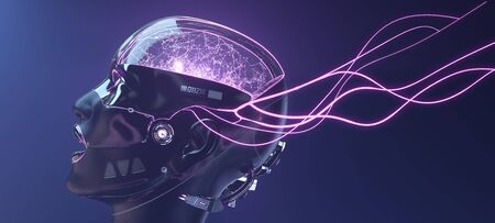 Female cyborg face with pink neon lines, futuristic robotic art, 3d renderの写真素材