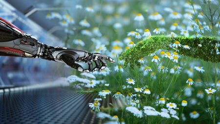 Green technology conceptual design, human arm covered with grass and lush and robotic hand, 3d...