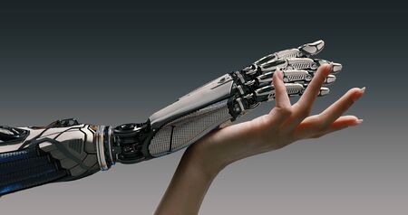 Woman arm gently touching robot hand, artificial intelligence augmented reality collaboration friendship conceptの写真素材