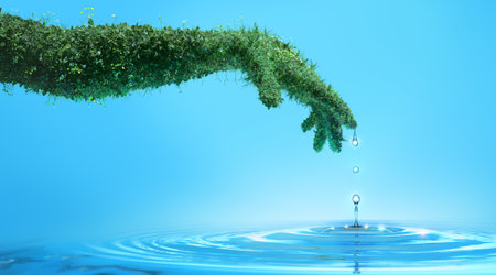 Water preserve concept, nature in shape of human hand dropping a water drop with rings and small splashの写真素材