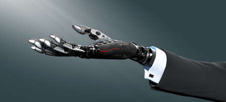 Robot arm mechanical palm facing up cybernetic AI neural network business conceptの写真素材