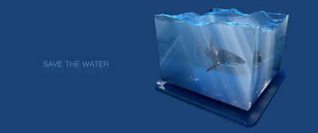 Great white shark inside water tank with water and godrays inside, save water conceptual design, 3d illustrationの写真素材