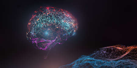 Neural network artificial intelligence deep learning cyber brain glowing design conceptの写真素材