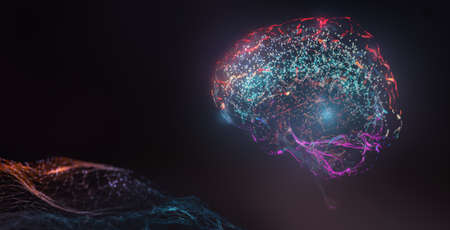Neural network artificial intelligence deep learning cyber brain glowing design conceptの写真素材