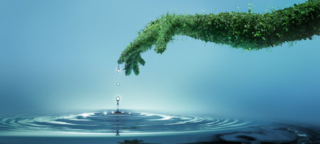 Water preserve concept, nature in shape of human hand dropping a water drop with rings and small splashの写真素材