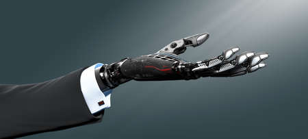 Robot arm mechanical palm facing up cybernetic AI neural network business conceptの写真素材