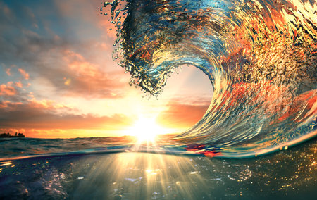 Ocean Wave sunset sea surfing backgroundの写真素材