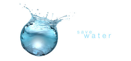 Water sphere with droplets and splash on flat white backgroundの写真素材
