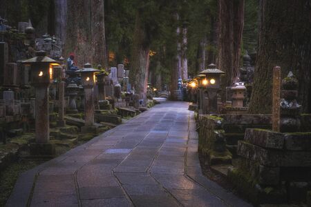 Ancient Cemetery at night inside a forrest, Okunoin Cemetery, Wakayama, Japan.のeditorial素材