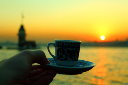 coffe in Bosphorus at sunsetの写真素材