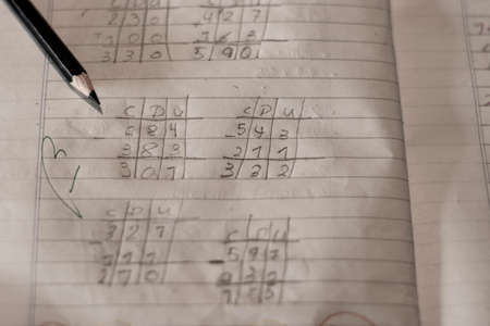 black pencil on math notebook homeworkの写真素材