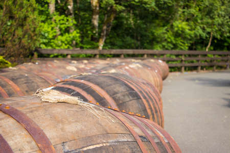 whiskey barrels outside in a scottish distilleryの写真素材