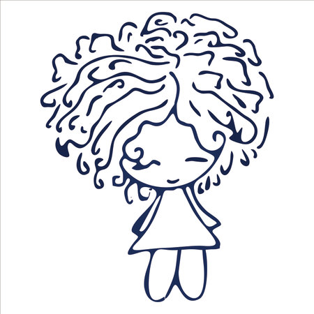 Cute little girl with curly hair. Hand drawn vector illustration.のイラスト素材