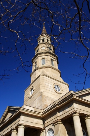 St Philips Church Steeple in Charleston, South Carolinaの写真素材