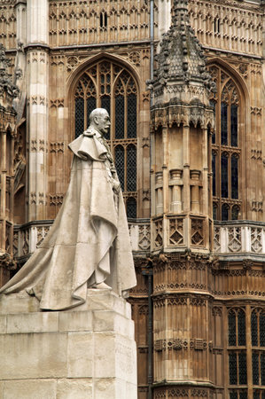 A monument to King George V stands alongside Westminster Abbey in London, England March 15, 2020 in London, Englandのeditorial素材
