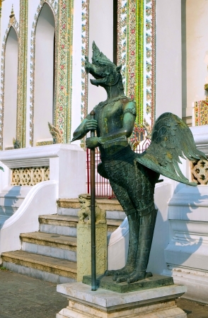 The statue fairy tale animal of thai buddhist in the temple wall at wat prakeaw temple in bangkok, Thailand の写真素材