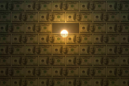 Sun rise behind wall of money.