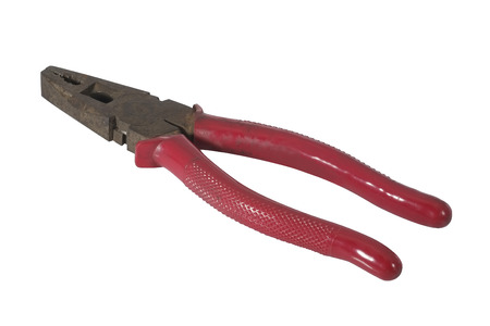 Old and dirty pliers red on white background 