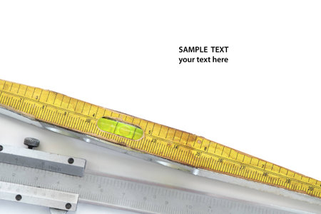 Close up of used and dirty spirit builder level with sample text. select focus on bubble.