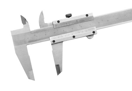 Used and dirty caliper, device used to measure on white background.
