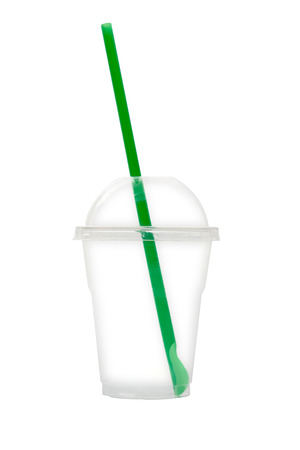 Empty plastic cup with straw on white background.の写真素材