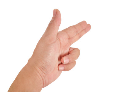 Human hand show gun on white background.
