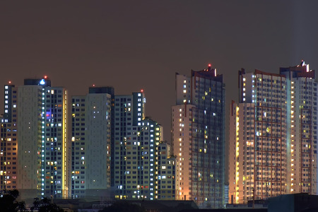 View of city at night with skyscraper.の写真素材