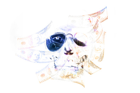 Skull head with dollar bills on white background. Double exposure.