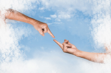 Human hand show middle finger on blue sky background.の写真素材